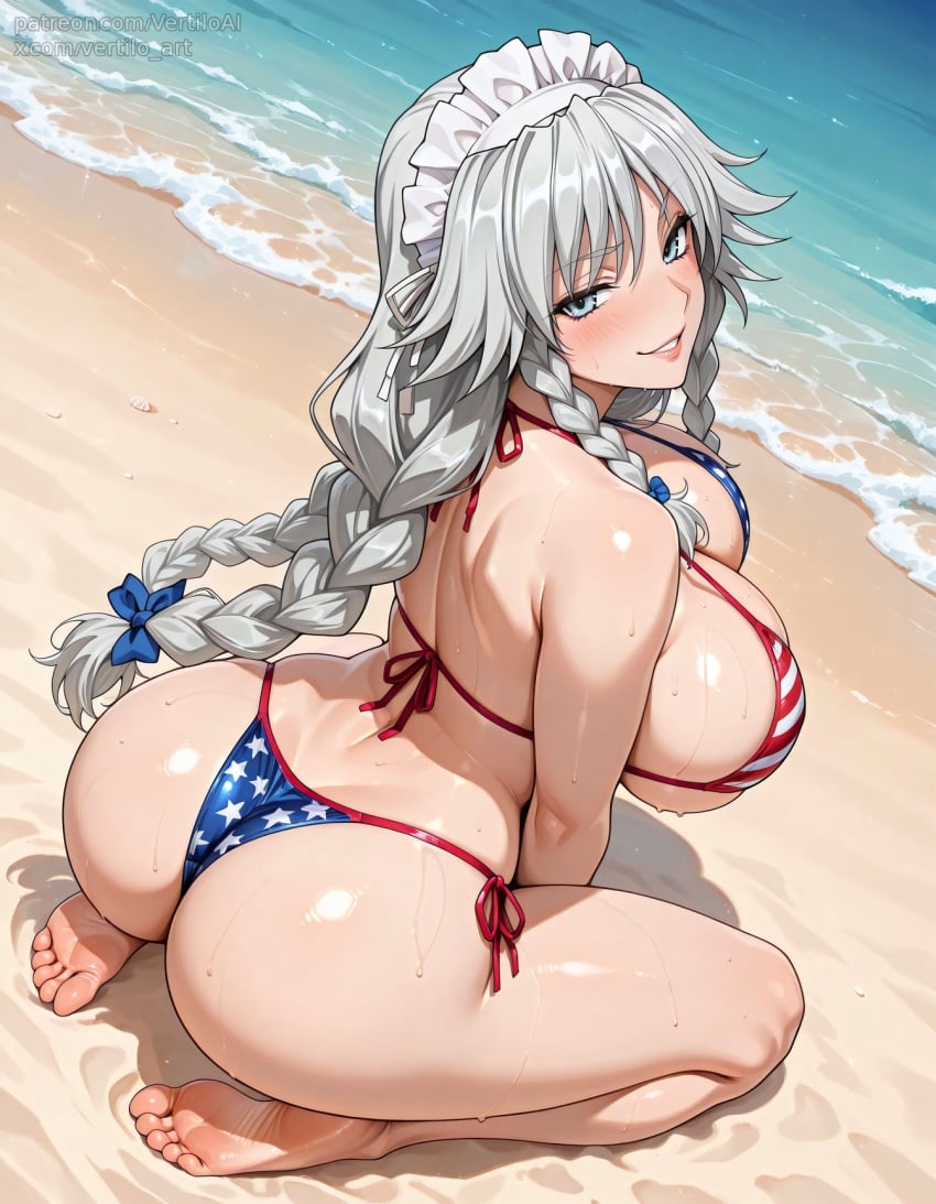 1girls ai_generated american_flag_bikini ass barefoot beach feet grayfia_lucifuge high_school_dxd huge_breasts smile soles vertiloart wariza