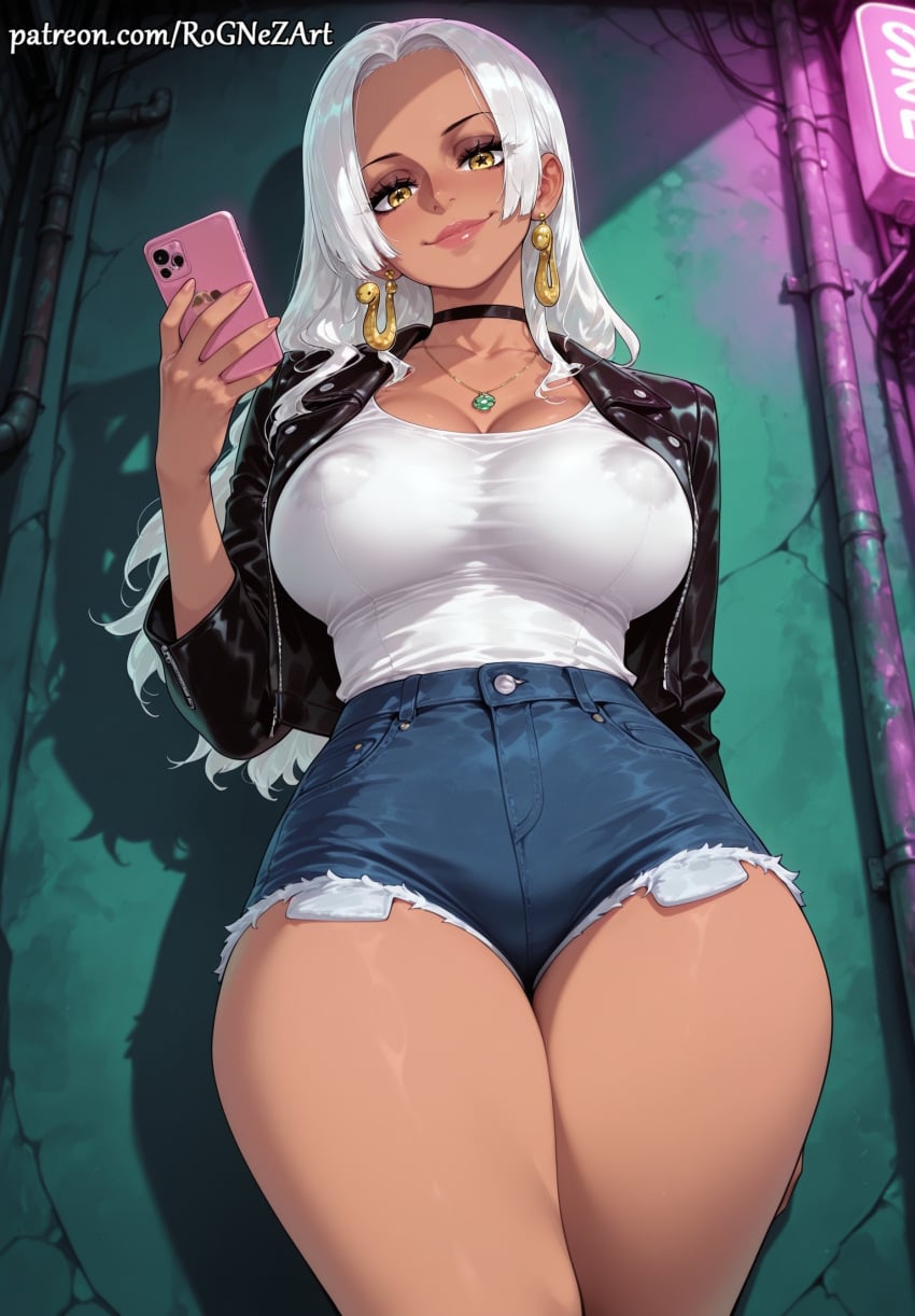 1girl 2026 ai_generated anime black_choker black_jacket boobs breasts brown_eyes cellphone choker cleavage clothing crossover cutoffs dark-skinned_female dark_skin denim denim_shorts earrings eye_contact female female_focus female_only highres holding holding_phone huge_breasts jacket jewelry large_breasts leather leather_jacket long_hair looking_at_viewer nail_polish necklace nsfw one_piece open_clothes patreon phone rognezart s-snake_(one_piece) shirt short_shorts shorts smartphone smile smiling solo thick_thighs thighs very_long_hair white_hair white_shirt yellow_eyes