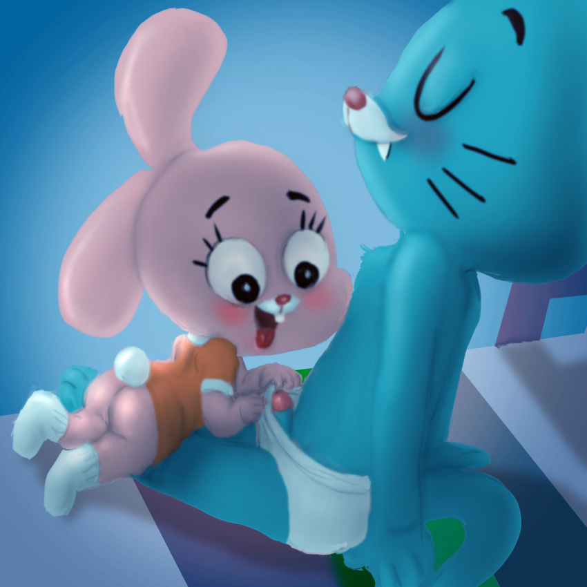 1:1 age_difference anais_watterson anthro bed blush bottomwear buckteeth butt cartoon_network clothed clothing duo erection eyelashes eyes_closed female footwear fur genitals gumball_watterson half_nude hi_res incest legwear lying male male/female mostly_nude mousetache on_front open_mouth penis shirt sitting size_difference smile socks teeth the_amazing_world_of_gumball tongue underwear undressing vulva whiskers young young_anthro