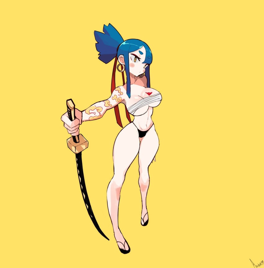 1girl 1girls akisas99 almost_naked almost_nude background bare_armpits bare_arms bare_belly bare_calves bare_chest bare_hands bare_hips bare_knees bare_legs bare_midriff bare_navel bare_shoulders bare_skin bare_thighs belly big_boobs big_breasts black_footwear black_sandals blade blank_expression blank_eyes blank_stare blue-haired_female blue_eyebrows blue_hair breasts busty busty_female busty_girl curvaceous curvaceous_body curvaceous_female curvaceous_figure curvaceous_hips curvy curvy_body curvy_female curvy_figure curvy_hips earrings emotionless exposed exposed_armpits exposed_arms exposed_belly exposed_chest exposed_hips exposed_legs exposed_midriff exposed_navel exposed_shoulders exposed_skin exposed_thighs eyebrows_visible_through_hair fit_female footwear head_tilt hourglass_figure inguinal_crease inguinal_ligament katana large_boobs large_breasts lean_figure linea_alba monotone_background mostly_nude naked naked_female naked_woman narrow_waist nearly_nude neutral_expression nude nude_female nudity oc one_color_background original original_art original_artwork original_character original_female_character plain_background ponytail practically_nude sandals slender_body slender_waist slim_female slim_waist solid_color_background standing stomach sword tied_hair tilted_head voluptuous voluptuous_body voluptuous_female voluptuous_figure voluptuous_woman weapon wide_hips yellow-eyed_female yellow_background yellow_eyes