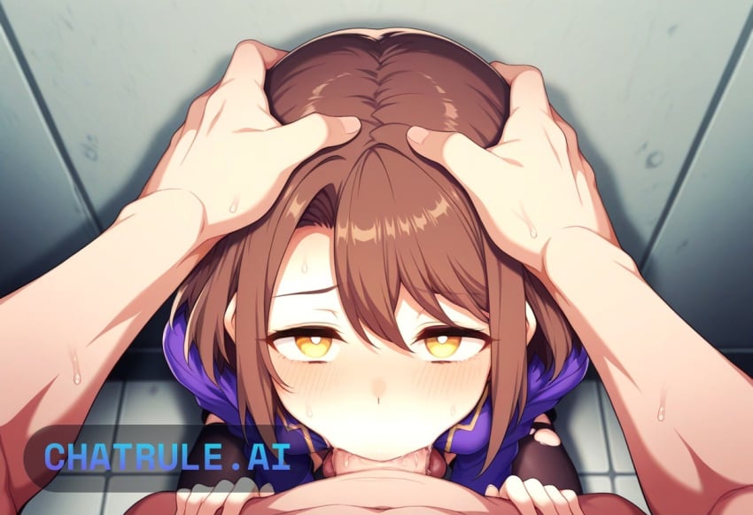 1girl ai_assisted ai_generated back_against_wall balls_deep beautiful_eyes bright_pupils deep deepthroat detailed_background dominated face_fuck facing_viewer hands_tied_above_head high_quality highres petite_body pov ripped_clothes sitting_on_knees skinny small_breasts small_tits tiny_tits young