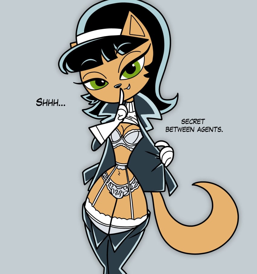 1girl animal_ears animal_nose anthro artist_name black_footwear black_hair black_jacket body_fur boots bra breasts cat_ears cat_girl cat_tail cleavage clothing coat domestic_cat english_text fang fang_out felid feline felis female finger_to_mouth flashing furry furry_female garter_belt gloves green_eyes grey_background hairband half-closed_eyes hand_up inkershike jacket kitty_katswell legs_together lingerie long_sleeves looking_at_viewer mammal medium_breasts navel open_clothes open_jacket panties shushing simple_background small_breasts smile solo standing t.u.f.f._puppy tail thigh_boots thighhighs underwear white_bra white_gloves white_panties white_thighhighs