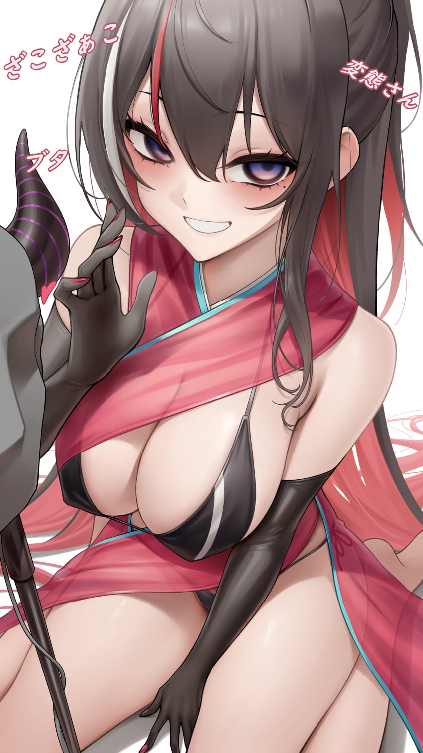 1girl absurdres asmr azki_(hololive) bikini binaural_microphone black_bikini black_gloves black_hair breasts cleavage colored_inner_hair commentary_request covered_erect_nipples double-parted_bangs elbow_gloves gloves grin hair_intakes hand_up highres hololive la+_darknesss large_breasts long_hair looking_at_viewer microphone mole mole_under_eye multicolored_hair navel neumann_ku_100 pink_hair pink_streaks purple_eyes side-tie_bikini_bottom sidelocks simple_background sitting smile solo somebody_(leiking00) streaked_hair string_bikini swimsuit translation_request very_long_hair virtual_youtuber wariza white_background white_streaks