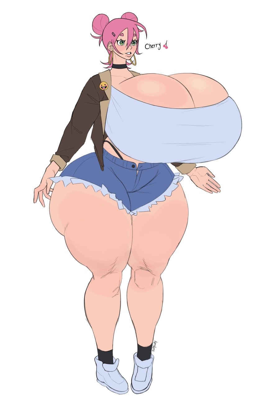 big_ass big_breasts buns cherry choker green_eyes hyper hyper_ass hyper_breasts hyper_thighs jacket junfreaky original_character pink_hair shorts tall_female tight_clothing topwear