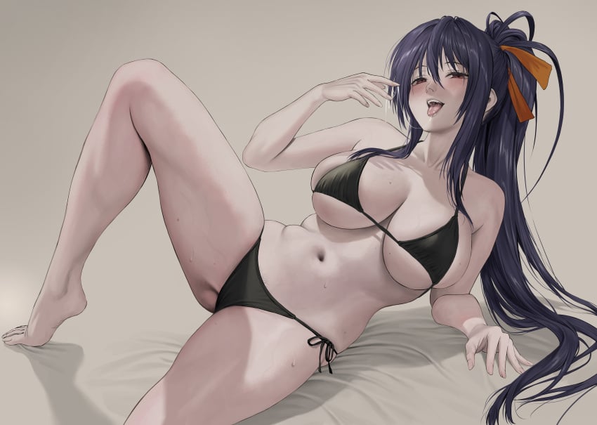 1girl 2026 akeno_himejima arm_support aroused aroused_face aroused_female bare_shoulders barefoot bed_sheet big_breasts bikini black_bikini black_hair black_swimsuit blush blushing breasts breasts_apart brown_background clothing covered_nipples feet female female_pubic_hair hair_between_eyes hair_ribbon hair_up high_ponytail high_school_dxd highleg highleg_bikini highres himejima_akeno horny horny_female janggun jeneral knee_up large_breasts long_hair looking_at_viewer lying micro_bikini naughty naughty_face naughty_smile navel on_side open_mouth orange_ribbon ponytail pubic_hair pubic_hair_peek purple_eyes red_eyes revision ribbon saliva saliva_string saliva_trail sexy sexy_pose side-tie_bikini_bottom simple_background skimpy_bikini skindentation smile solo spread_legs stomach string_bikini swimsuit thighs tongue tongue_out very_long_hair