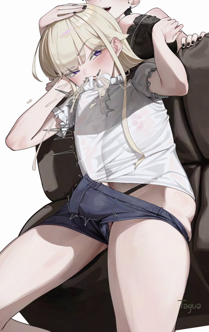 autofellatio autopaizuri big_breasts blonde_hair bulge clothed cum cum_in_mouth enid_(tagua) erection erection_under_clothes futanari heart-shaped_pupils huge_cock jean_shorts oral original original_character tagua