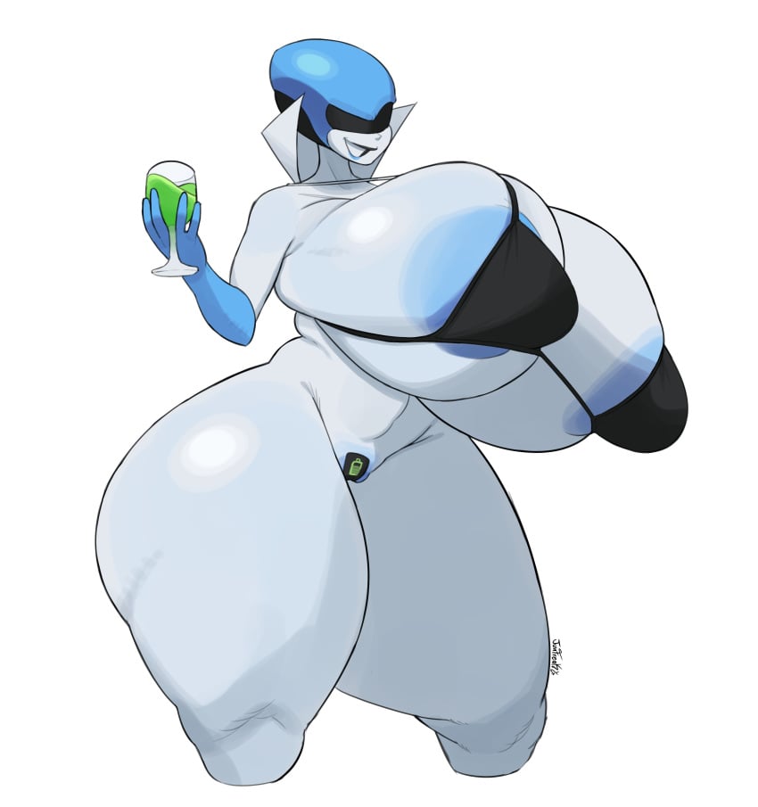 big_areola big_ass big_breasts big_butt bikini blue_head holding_beverage hyper hyper_ass hyper_breasts hyper_thighs junfreaky pussy pussy_peek pussy_tape queen_(deltarune) robot robot_girl thick_thighs visor wide_hips wide_thighs