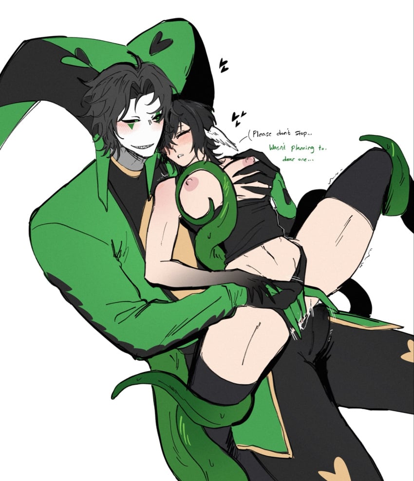 black_hair black_haired_female black_panties black_sclera black_thighhighs blush blushing blushing_at_partner blushing_face blushing_female blushing_lines blushing_male breast_grab breast_squeeze breasts breasts_out bulge bulge_from_behind bulge_through_clothing bulge_under_clothes dominant dominant_male domination fingering fingering_partner fingering_pussy fingering_through_panties green_costume green_eyes green_tentacles hands_on_breasts harlequin_(the_freak_circus) heart heart_symbol height_difference heterosexual heterosexual_female heterosexual_male leaning_back leaning_on_person monster monster_boy nude_female_clothed_male partially_clothed partially_clothed_female self_insert short_hair sitting sitting_on_lap sitting_on_person smirk smirking smirking_at_partner spread_legs spreading_legs straight straight_couple submission submissive submissive_female taller_male taller_man tentacles tentacles_around_breasts tentacles_around_legs tentacles_on_female tentacles_under_clothes the_freak_circus