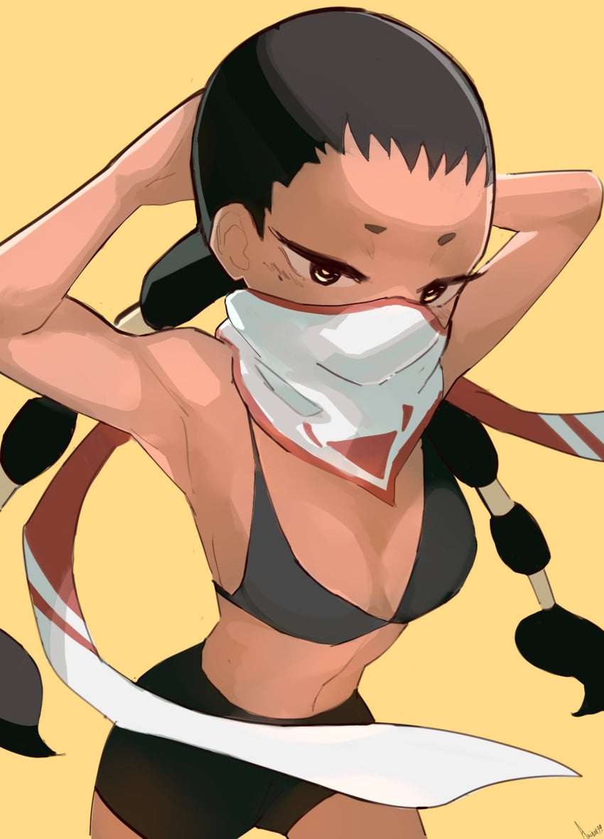 1girl 1girls akisas99 arm_behind_head armpit armpit_crease armpit_peek armpits arms_behind_head background black-haired_female black_eyebrows black_hair black_shorts breasts brown-eyed_female brown-skinned_female brown_belly brown_body brown_boobs brown_breasts brown_eyes brown_face brown_female brown_legs brown_skin brown_skinned_female dark_hair eye-level_view from_front front_view hairless_armpits hand_behind_head hands_behind_head mask monotone_background oc one_color_background original original_art original_artwork original_character original_female_character petite petite_body petite_breasts petite_female petite_girl petite_tits plain_background posing posing_for_the_viewer presenting_armpit shaved_armpits shorts small_boobs small_breasts small_tits solid_color_background tied_hair tiny_breasts tiny_tits top_view twintails twintails_(hairstyle) yellow_background