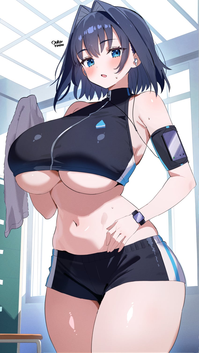 breasts hololive hololive_english o-rindou5100 ouro_kronii virtual_youtuber vtuber workout workout_clothes workout_clothing
