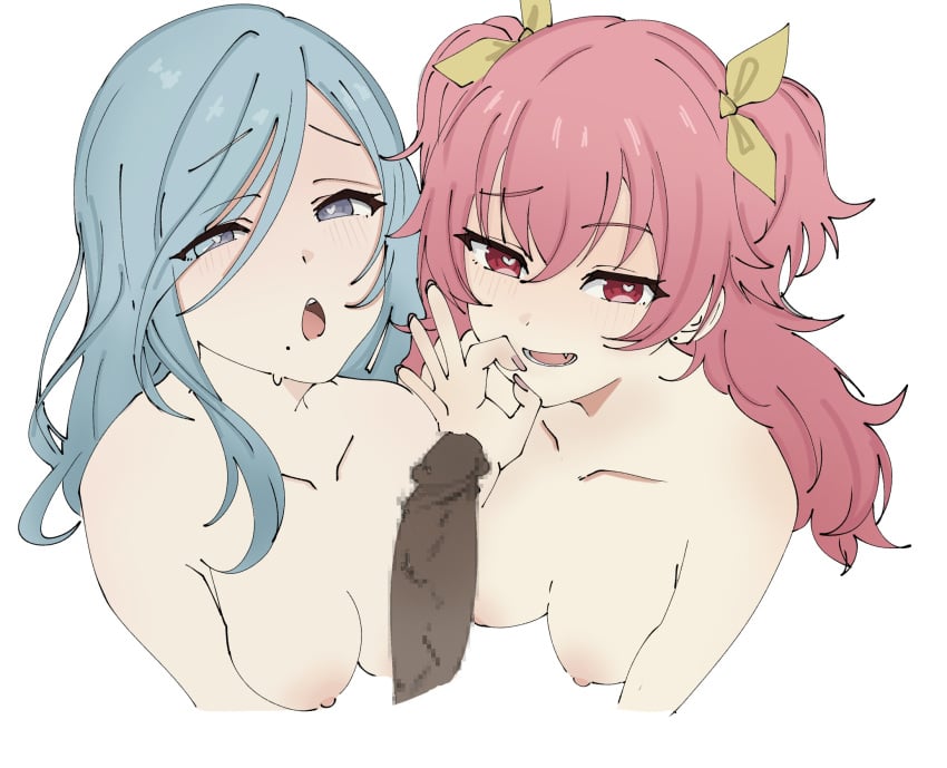 1boy 2girls blue_hair blush breasts censored collarbone commentary completely_nude cropped_torso dark-skinned_male dark_skin english_commentary fang fellatio_gesture ffm_threesome grey_eyes group_sex hair_between_eyes hair_ribbon heart heart_in_eye hetero highres hinomori_shizuku long_hair looking_at_viewer medium_breasts mialhzm mole mole_under_mouth momoi_airi mosaic_censoring multiple_girls nipples nude open_mouth penis pink_hair pov project_sekai raised_eyebrow raised_inner_eyebrows red_eyes ribbon sidelocks simple_background smile symbol_in_eye threesome two_side_up upper_body white_background yellow_ribbon