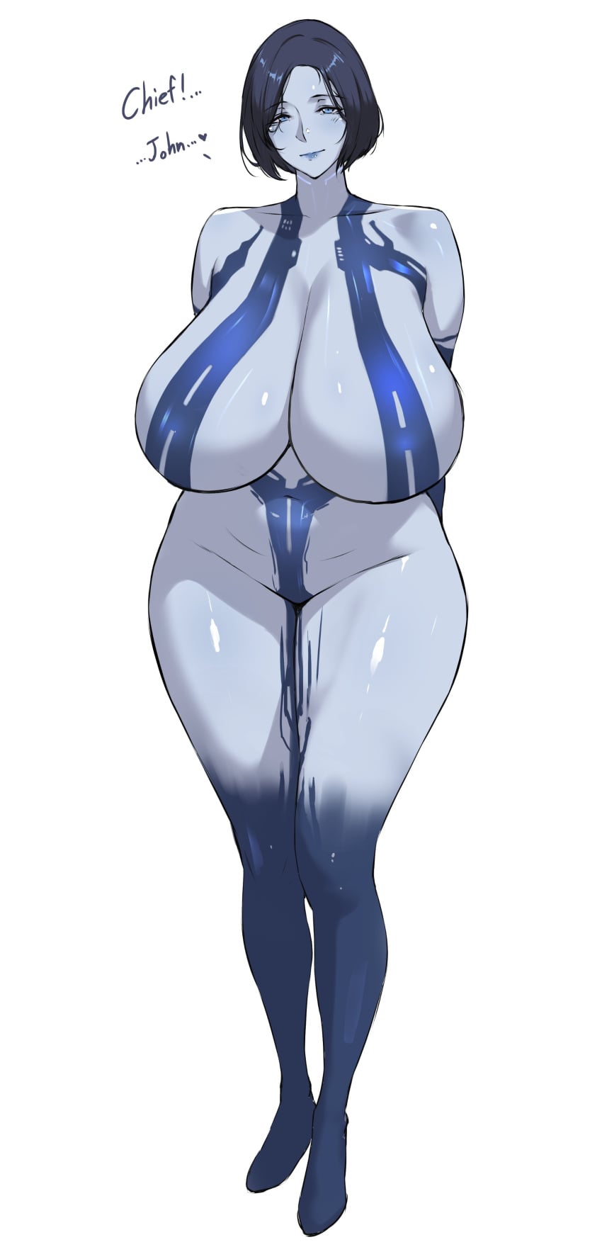 arms_behind_back belly black_hair blue_eyes breasts cortana curvy female female_only gigantic_breasts halo_(series) huge_breasts light_smile looking_at_viewer massive_breasts navel short_hair simple_background thick thick_thighs white_background wide_hips yui.h