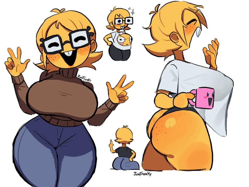 1girls big_breasts big_butt big_teeth breasts bunny_teeth closed_eyes clothed clothed_female clothing color different_outfits different_poses double_peace_sign eyelashes female female_focus female_only glasses hair highres jeans junfreaky middle_finger nerd_emoji nerdy_female open_mouth open_smile original original_character peace_sign silly simple_background smile source sweater t-shirt twitter_link white_background yellow_body yellow_hair
