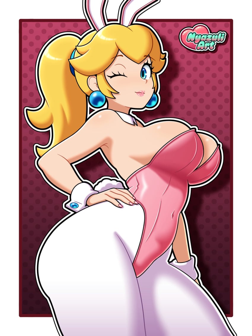 ass ass_focus belly_button blonde_hair blue_eyes breasts bunny_ears bunny_girl bunnysuit collar cuffs cuffs_(clothing) earrings hand_on_hip hips inner_sideboob large_ass large_breasts looking_at_viewer mario_(series) navel navel_visible_through_clothes nyazuliart ponytail posing posing_for_the_viewer princess_peach sideboob stockings thick_thighs thighs thighs_bigger_than_head wide_hips wink winking_at_viewer