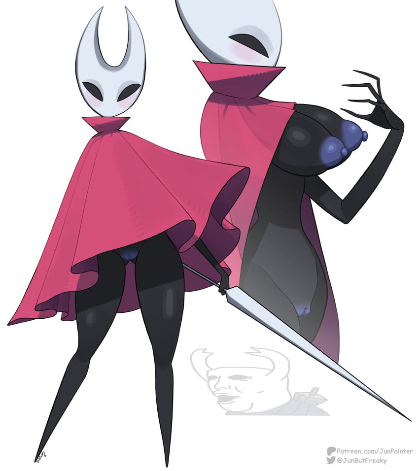 areolae average_breasts black_body hollow_knight hollow_knight:_silksong hornet_(hollow_knight) junfreaky nipples pussy red_cape red_clothing skinny skinny_female slim the_knight_(hollow_knight) white_mask