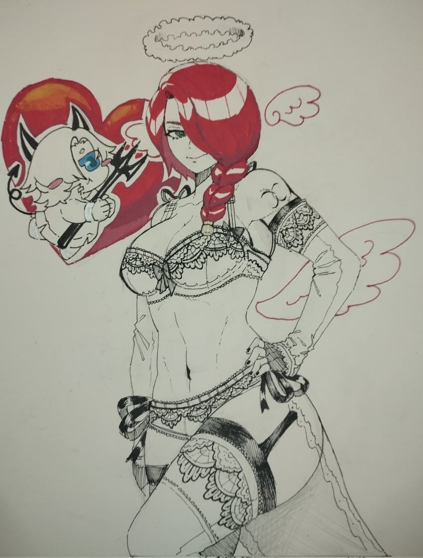 1girls angel angel_girl angel_wings arm_tattoo ass big_breasts blue_eyes bra braid braided_hair braided_ponytail branding_mark breasts chibi child_bearing_hips cleavage coattails confident confident_female dante_(devil_may_cry) devil devil_boy devil_horns devil_may_cry devil_may_cry_(series) devil_may_cry_2 devil_tail elbow_gloves female female_focus garter_belt garter_straps halo hand_on_hip lace lace-trimmed_bra lace-trimmed_panties lace-trimmed_thighhighs lace_trim large_breasts lingerie long_hair lucia_(devil_may_cry) panties ponytail red-haired_female red_hair ribbon ribbon_panties side_ponytail stockings tattoo tattoo_on_arm tattooed_arm thick_thighs thigh_highs thigh_strap thighhighs thighs toned toned_female toned_stomach wings wings_on_head
