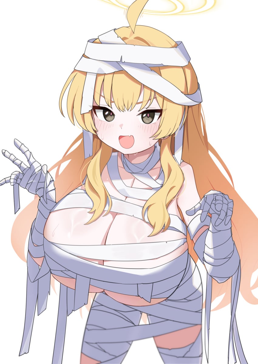 1girl absurdres ahoge alternate_breast_size_(larger) bandaged_arm bandaged_head bandaged_leg bandages blonde_hair blue_archive blush breasts brown_eyes cleavage commentary_request cowboy_shot fang halloween_costume halo highres huge_breasts korean_commentary long_hair looking_at_viewer mummy_costume naked_bandage official_alternate_costume open_mouth simple_background smile solo very_long_hair white_background yellow_halo yoshimi_(blue_archive) yoshimi_(halloween)_(blue_archive)