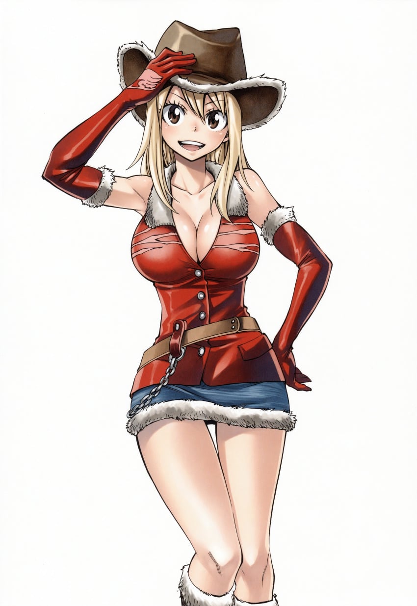absurdres adjusting_headwear bare_shoulders belt blonde_hair brown_eyes buttons chains cleavage collarbone cowboy_hat denim_skirt elbow_gloves fairy_tail fur_trim hand_on_head hat large_breasts long_hair lucy_heartfilia mashima_hiro miniskirt open_mouth red_gloves smile thighs upscaled