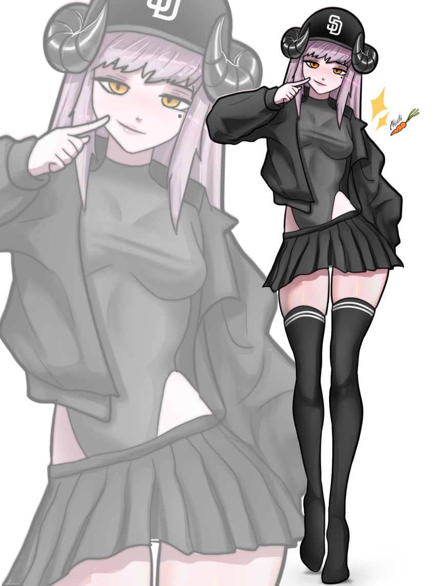 1girls cap chiotosaurio horns leotard orange_eyes original original_character pointing_at_self purple_hair skirt socks solo_female