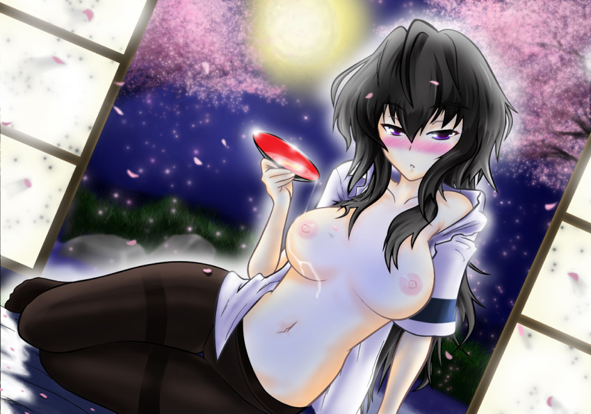 033_(inao170) areolae black_hair blush breasts cherry_blossoms drunk female long_hair looking_at_viewer maji_de_watashi_ni_koi_shinasai! maji_de_watashi_ni_koi_shinasai!_s moon musashibou_benkei navel nipples open_clothes panties panties_under_pantyhose pantyhose parted_lips purple_eyes sakazuki sitting solo topless underwear