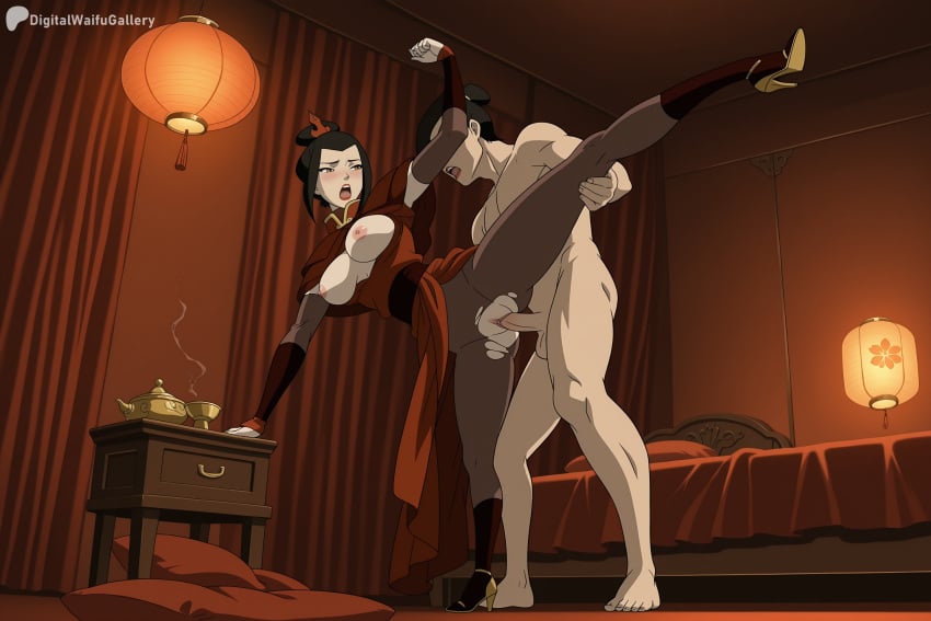 1boy 1girl ai_generated avatar_the_last_airbender azula bed black_hair breasts breasts_out clothed_female_nude_male clothed_sex digitalwaifugallery dress hetero hi_res high_heels high_quality high_resolution indoors lamp large_breasts leg_lift leg_up lipstick makeup nipples nude open_mouth pantyhose patreon patreon_username penis pussy red_dress red_lips seductive sex sex_from_behind sexy short_hair split standing standing_on_one_leg standing_sex standing_split teapot testicles torn_clothes torn_pantyhose uncensored vaginal watermark