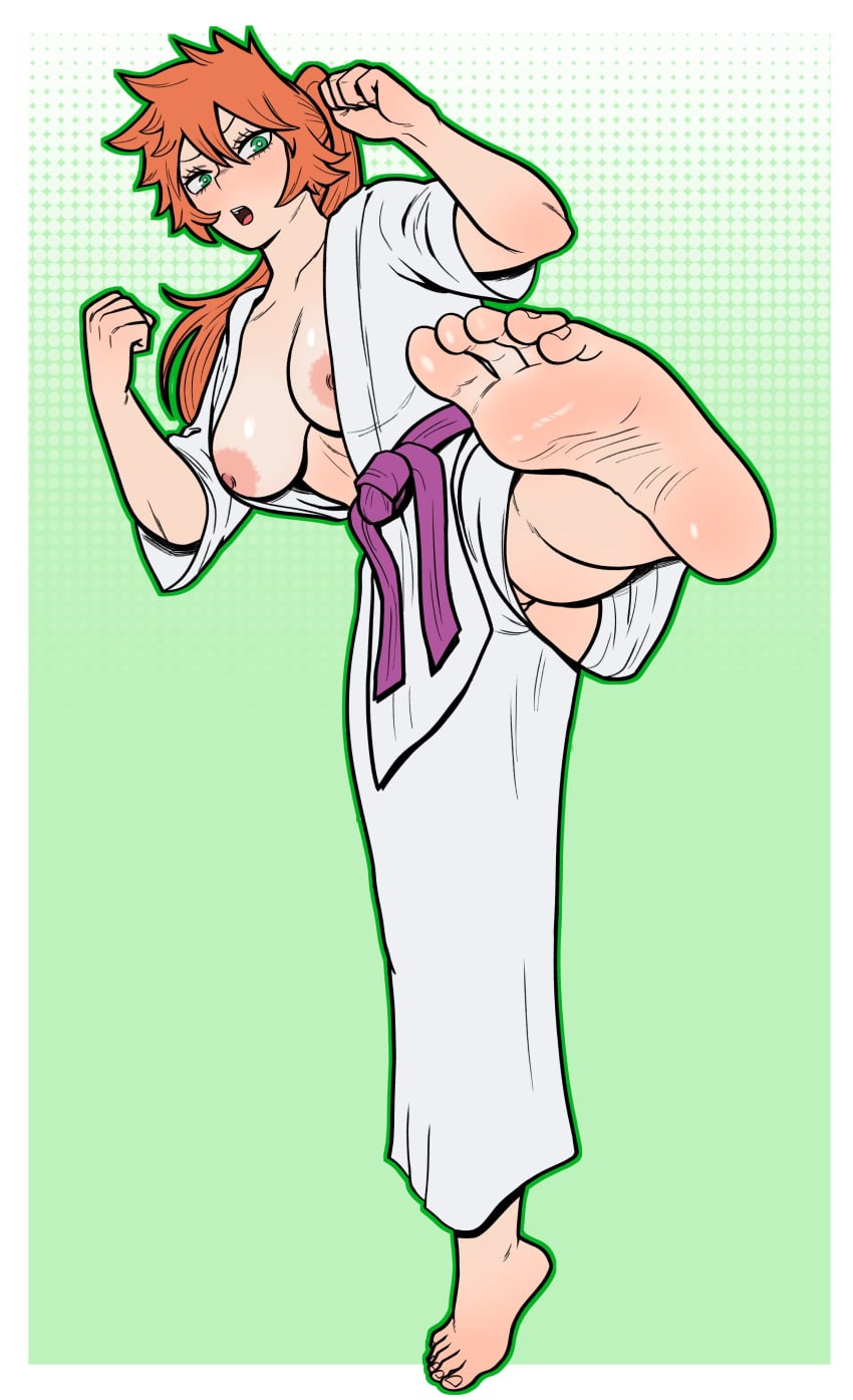 1girls 2026 areola areolae boku_no_hero_academia boobs breasts female green_eyes itsuka_kendou karate karate_gi mfuncen my_hero_academia orange-haired_female orange_hair tagme