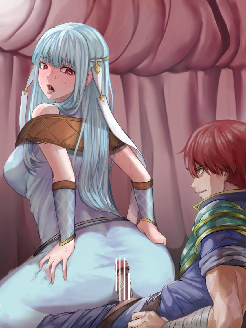 1boy 1girls alternate_version_available ass ass_in_dress bangs bar_censor bare_arms big_ass blue_hair breasts censored dancer dancing deep_skin dress drooling female fire_emblem fire_emblem:_the_blazing_blade frown indoors lap_dance large_ass looking_at_viewer looking_back male medium_breasts ninian_(fire_emblem) nintendo open_mouth penis pocari66 pose presenting presenting_ass presenting_hindquarters prostitution raven_(fire_emblem) red_body red_eyes saliva saliva_trail seductive short_hair smile sweat teasing tent thighs tongue tongue_out very_long_hair