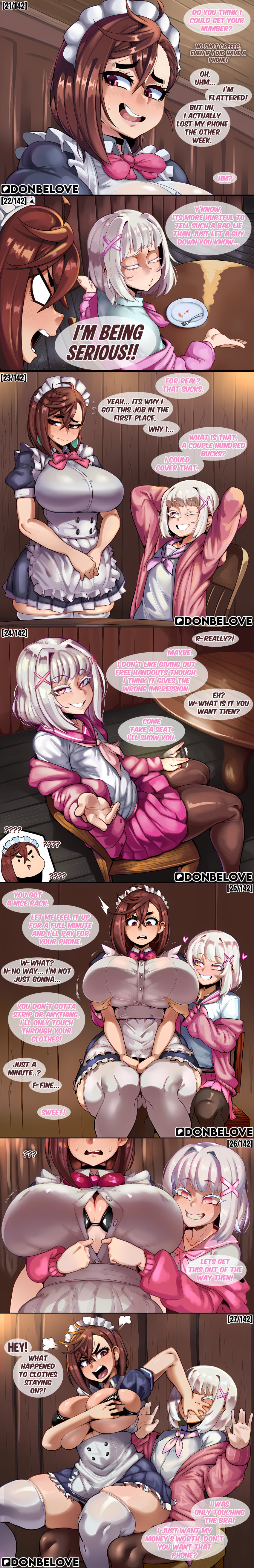 ai_generated albino comic comic_strip dandadan dominant_male donbeboys english english_text female femboy femboy_on_female femboydom findom flirting fondling fondling_breast fondling_breasts huge_breasts huge_thighs long_comic maid maid_apron maid_headdress maid_outfit maid_uniform momo_ayase original_character pink_eyes prostitution size_difference skindentation stella_(donbeboys) teasing thighhighs trap waitress white_eyebrows white_eyelashes white_hair