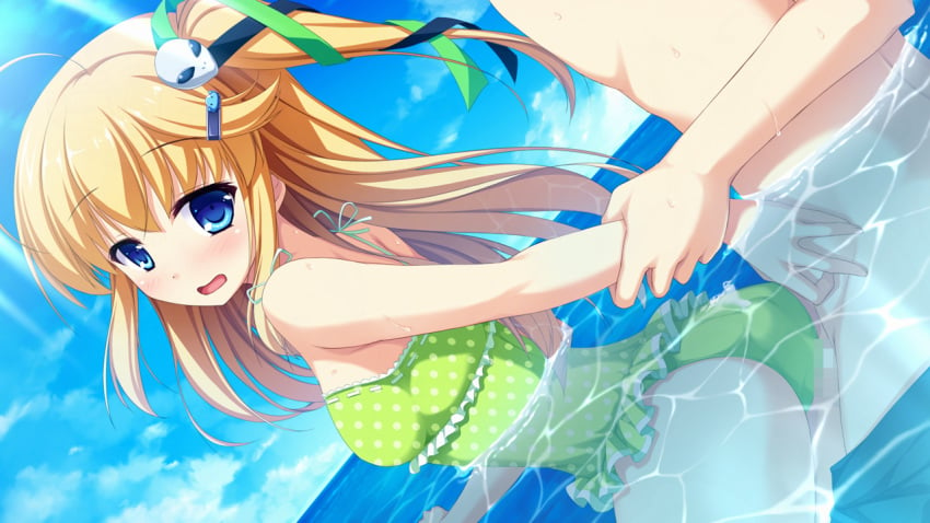 ahoge arm_behind_back bare_shoulders blonde_hair blue_eyes blue_ribbon blush censored cum cum_on_clothes ejaculation female female frilled_swimsuit frills g.i.b._girls_in_black game_cg green_ribbons green_swimsuit hair_ornament hair_ribbon hairclip in_water long_hair ocean open_mouth otonashi_sorami penis_under_clothes ribbon solo_focus sunbeam tenmaso water whirlpool_(studio)