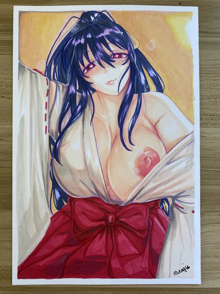 akeno_himejima areolae artist_signature big_breasts blushing breasts breasts_bigger_than_head breasts_out cleavage erect_nipples exposed_breast female female_only fully_clothed heart-shaped_pupils high_school_dxd huge_breasts japanese_clothes kurogi large_breasts light-skinned_female long_hair looking_at_viewer massive_breasts naughty_face nipples one_breast_out pink_eyes purple_hair seductive_look seductive_smile sitting thick traditional_art traditional_media_(artwork) voluptuous