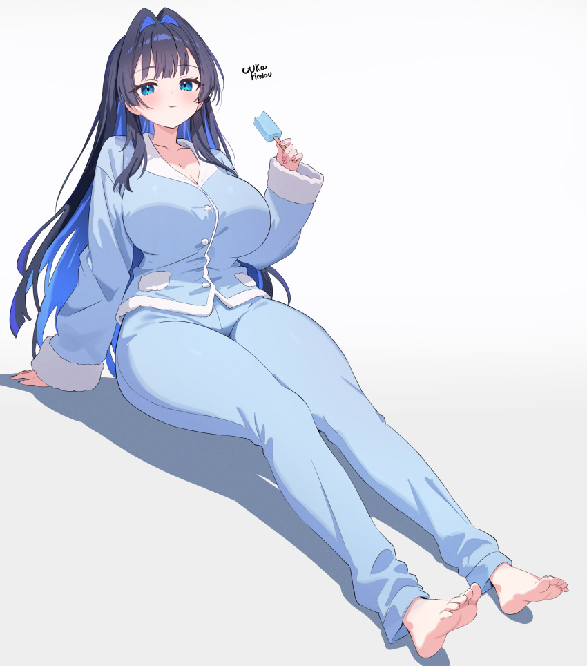 breasts hololive hololive_english o-rindou5100 ouro_kronii pajamas popsicle virtual_youtuber vtuber