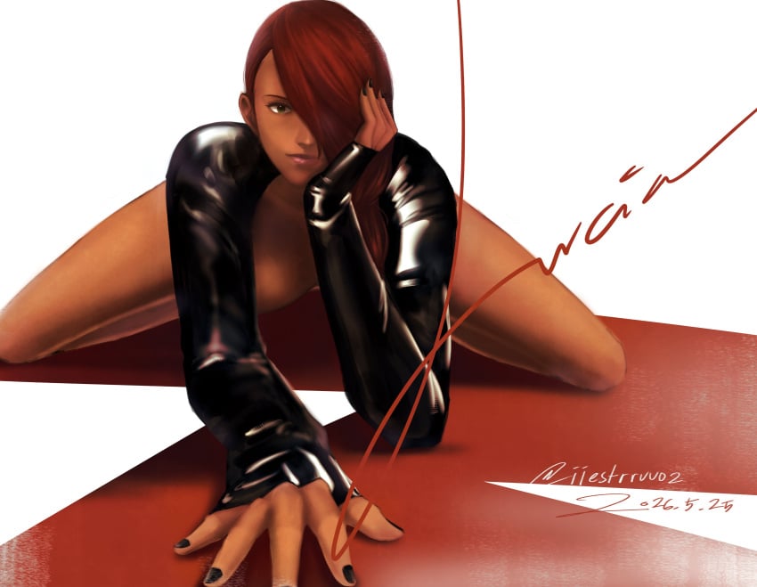 1girls big_breasts black_nail_polish black_nails boob_window boobs_out bottomless bottomless_female braid braided_hair braided_ponytail breast_cutout breasts dark-skinned_female dark_skin devil_may_cry devil_may_cry_(series) devil_may_cry_2 exposed_breasts female female_focus female_only green_eyes hair_over_one_eye hanging_breasts hazel_eyes latex latex_clothing latex_topwear legs_apart legs_spread looking_at_viewer lucia_(devil_may_cry) one_eye_obstructed pinup ponytail red-haired_female red_hair side_ponytail solo solo_female solo_focus