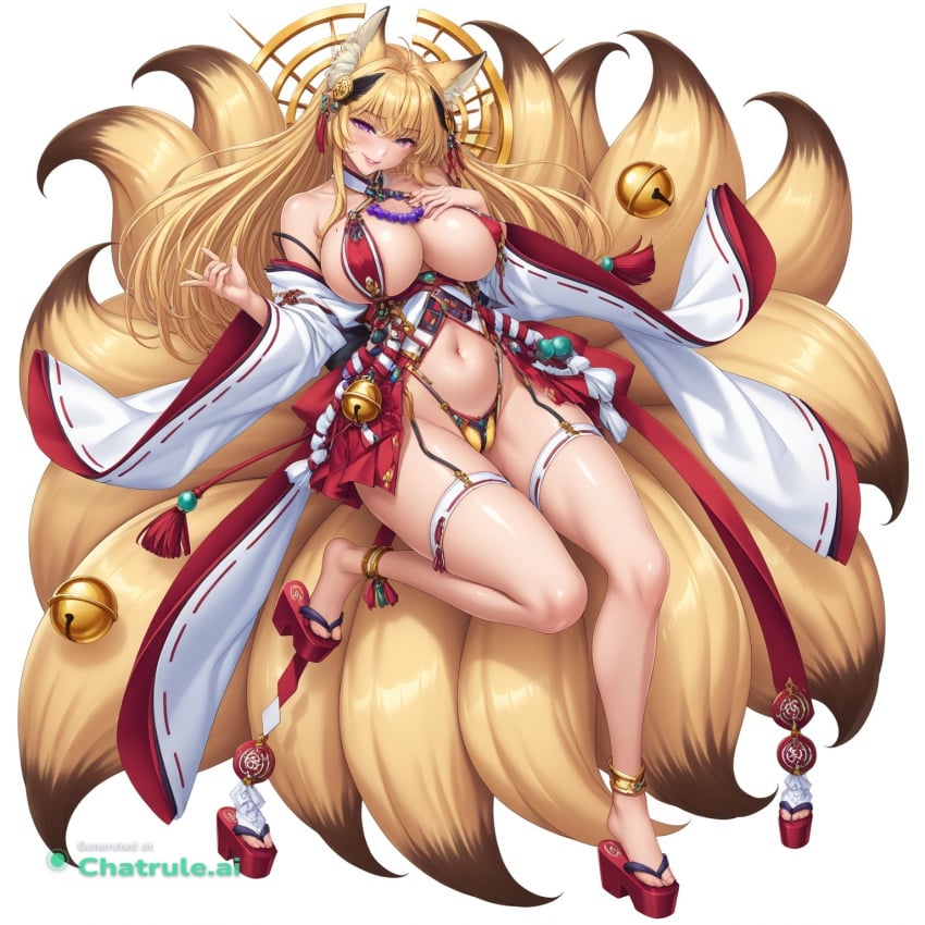 1girl ai_assisted ai_generated animal_ears anime_coloring bangs bells blonde_hair center_opening cleavage cleft_of_venus clothing_cutout detached_sleeves detailed_vagina dynamic_angle dynamic_pose erect_nipples facing_viewer female_focus fox_ears fox_girl fox_tail full_body garter_straps glossy_lips hair_ornaments huge_breasts kyuubi legs_spread long_hair miko mole_under_eye multiple_tails navel nude purple_eyes shading shadows shaved_vagina shimenawa small_breasts solo solo_female source_anime spreading_legs taimanin_rpgx thick_nipples thighhighs tiny_breasts wide_sleeves
