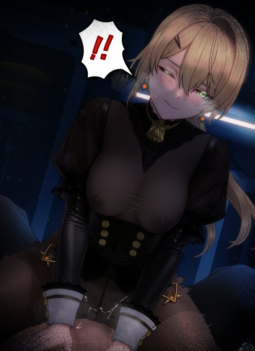 1boy 1girls alternate_version_at_source alternate_version_available art_undertaker blonde_hair blush bodystocking breasts clothed_female_nude_male clothing cowgirl_position female girls'_frontline girls'_frontline_2:_exilium glowing_eyes green_eyes happy happy_sex heavy_breathing long_hair looking_at_viewer male medium_breasts nipples nipples_visible_through_clothing one_eye_closed pov pussy_juice sex sextans_(girls'_frontline_2) smile spoken_exclamation_mark steam steaming_body straddling sweat sweatdrop vaginal vaginal_penetration vaginal_sex variant_set