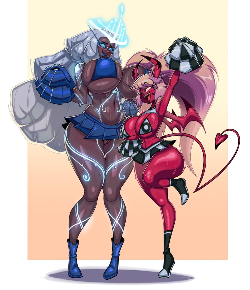 2girls angel angel_girl aureola bare_arms bare_legs bare_shoulders bare_thighs big_breasts blush bra breasts_bigger_than_head cheerleader cheerleader_uniform color dark-skinned_female dark_skin demon demon_girl demon_horns demon_tail female female_focus female_only halo hazbin_hotel helluva_boss hi_res hips huge_breasts large_breasts long_hair looking_at_viewer massive_breasts pink_body pink_eyes pink_skin sera_(hazbin_hotel) stormrayneart succubus succubus_horns succubus_tail succubus_wings thick_thighs verosika_mayday_(helluva_boss) white_hair wide_hips