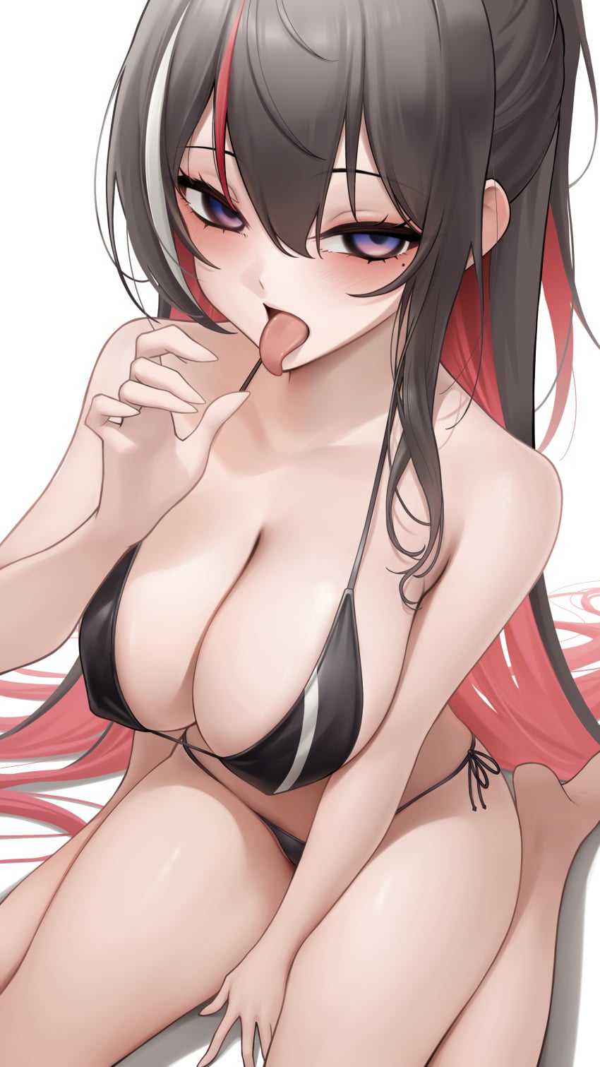 1girls absurdres ahe_gao azki_(hololive) bikini black_bikini black_gloves black_hair blush bra breasts cleavage colored_inner_hair covered_erect_nipples double-parted_bangs elbow_gloves fellatio_face fellatio_gesture female female_focus female_only gloves grin hair_intakes hand_up high_resolution highres hololive kneeling large_breasts long_hair looking_at_viewer mole mole_under_eye multicolored_hair navel panties pink_hair pink_streaks purple_eyes side-tie_bikini_bottom sidelocks simple_background sitting smile solo somebody_(leiking00) streaked_hair string_bikini swimsuit tongue_out underwear very_long_hair virtual_youtuber wariza white_background white_streaks