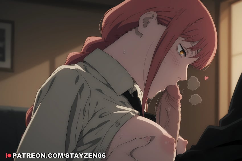 1boy 1girl ai ai_art ai_generated black_necktie blurry blurry_background blush braid braided_ponytail breasts breasts_out breasts_squeezed_together breath chainsaw_man collared_shirt erection fellatio from_side grabbing_own_breast heart hetero indoors kissing_penis large_breasts long_hair long_sleeves makima_(chainsaw_man) medium_breasts necktie nipples open_clothes open_shirt oral paizuri penis profile red_hair ringed_eyes saliva shirt sidelocks solo_focus sweat uncensored upper_body veins veiny_penis white_shirt yellow_eyes