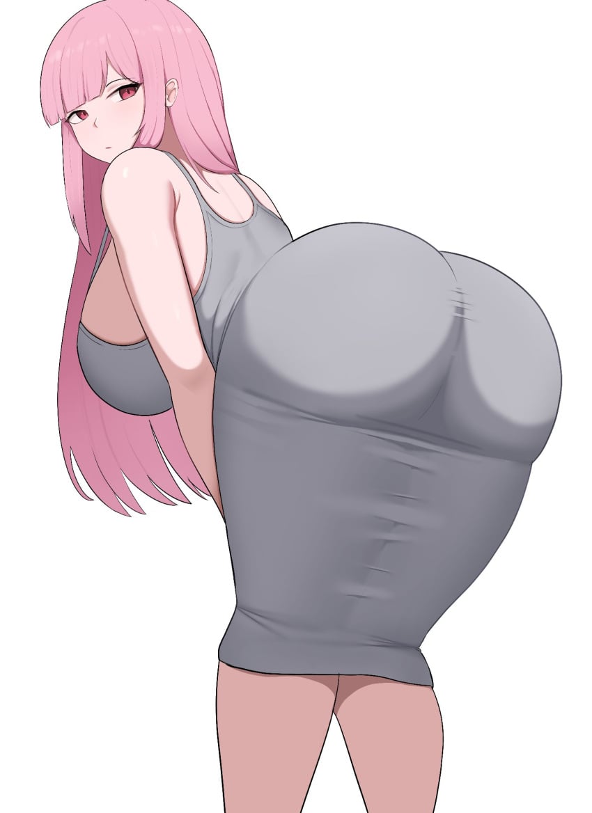 ass bare_shoulders big_ass big_breasts blunt_bangs dress grey_dress hololive hololive_english huge_breasts huge_butt long_hair looking_at_viewer looking_back mori_calliope pink_eyes pink_hair presenting_hindquarters schynee26 sideboob sidelocks thick_thighs thighs