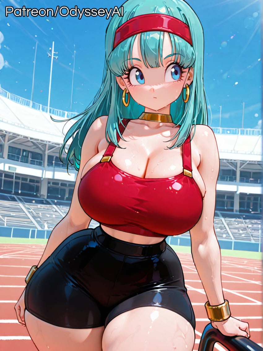 1girl 1girls ai_generated alternate_breast_size aqua_hair artist_name ass bare_shoulders big_ass big_breasts bike_shorts black_shorts blue_eyes blue_hair blue_sky blush blush_lines blushing blushing_at_viewer bra_(dragon_ball) bra_briefs bracelet breasts breasts_bigger_than_head bubble_ass bubble_butt choker cleavage closed_mouth clothed clothed_female collarbone cowboy_shot crop_top curvaceous curvaceous_body curvaceous_female curvaceous_figure curves curvy curvy_body curvy_female curvy_figure curvy_hips day dragon_ball dragon_ball_z earrings female female_focus female_only from_front front_view fully_clothed gold gold_bracelet gold_choker gold_earrings hairband high-waist_shorts hoop_earrings hourglass_figure huge_ass huge_breasts huge_butt impossible_clothes jewelry large_ass large_breasts long_hair looking_at_viewer looking_to_the_side midriff narrow_waist neck_ring odysseyai outdoors parted_lips patreon_logo patreon_username red_hairband red_shirt red_sports_bra red_tank_top shiny_skin shorts skindentation sky solo solo_female solo_focus sports_bra stadium standing sweat tank_top taut_clothes thick thick_ass thick_thighs thighs thin_waist tight_clothes web_address wide_ass wide_hips yellow_choker