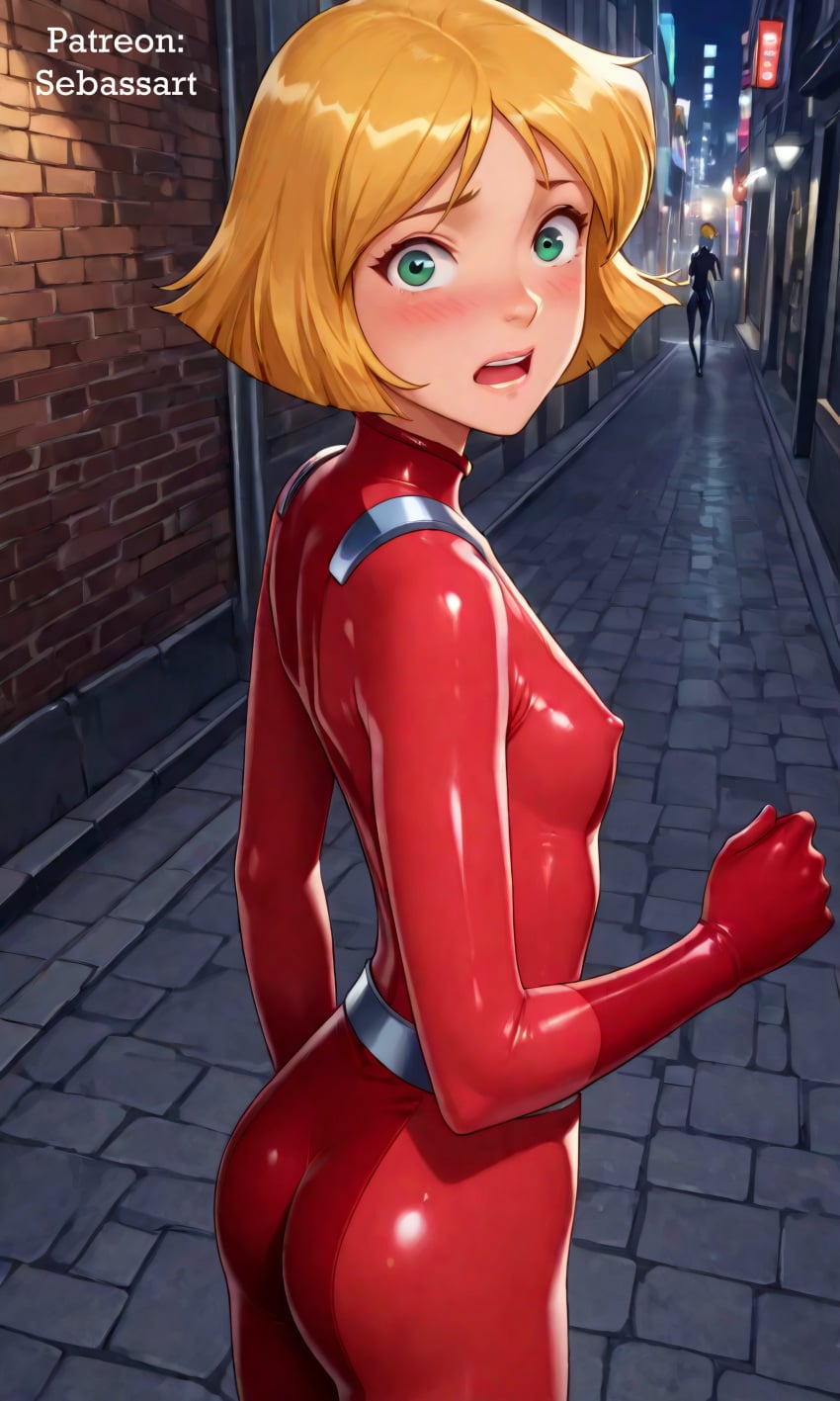 ai_generated blonde_hair blush bodysuit clover_(totally_spies) embarrassed erect_nipples_under_clothes female female_focus female_only latex latex_clothing mature_female paid_reward_available patreon petite sebassart sexy short_hair sweat tight_clothing totally_spies waifu