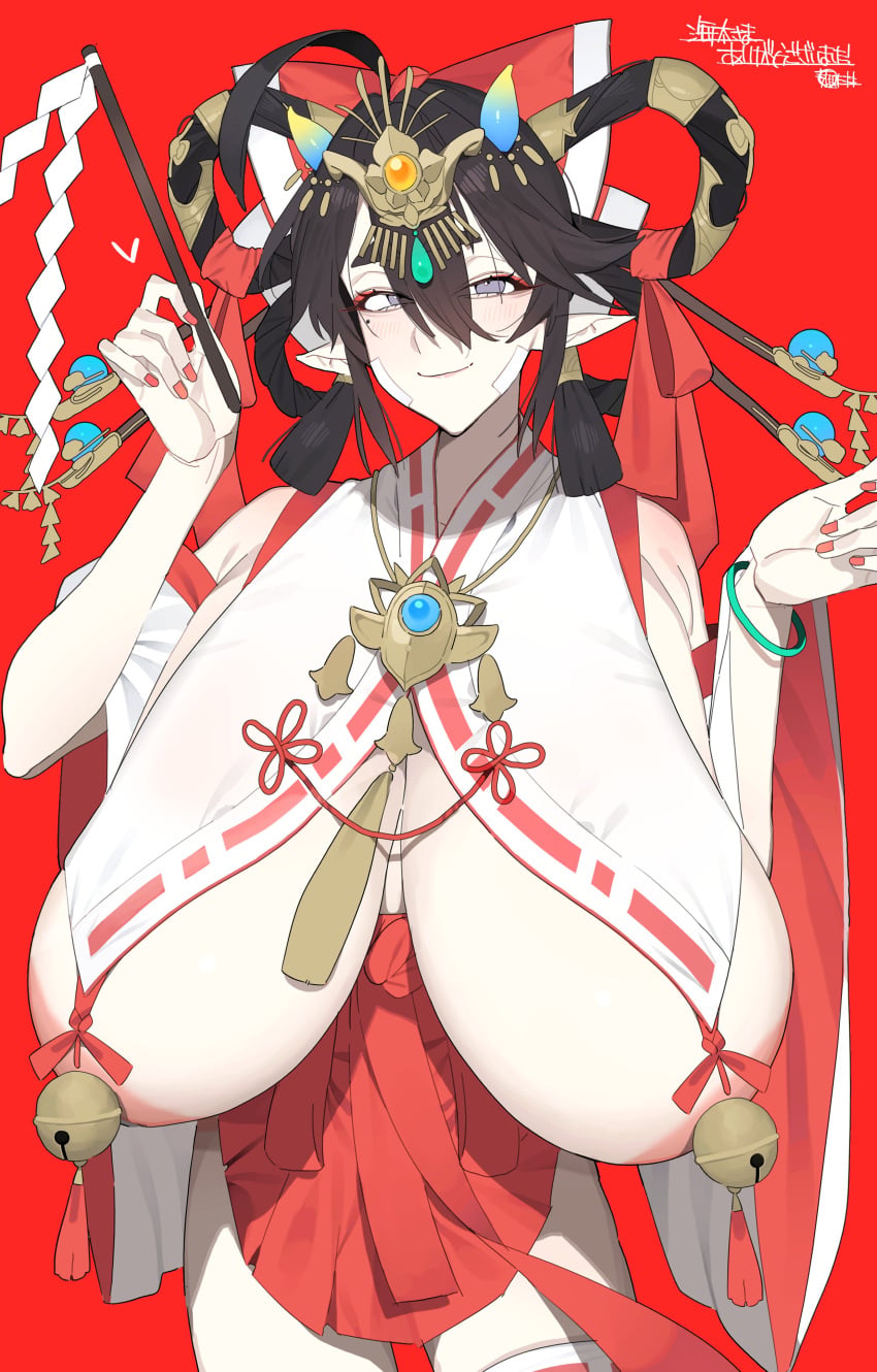1girl absurdres ahoge areola_slip bandage_on_cheek bell breast_curtains breasts chinese_commentary commentary_request detached_sleeves feixianji_(hairstyle) gigantic_breasts hair_ornament hair_rings haitai_(haitai_umita) haitai_umita highres horns indie_virtual_youtuber nontraditional_miko open_mouth pointy_ears purple_eyes red_nails ribbon sagging_breasts smile solo thighhighs thighs translation_request virtual_youtuber white_thighhighs