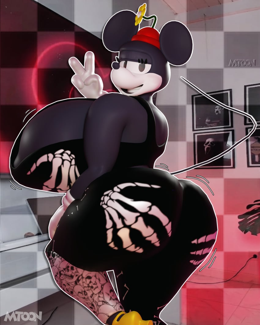 1girls 3d 3d_(artwork) anthro big_ass big_breasts black_body black_eyes black_fur black_nose furry furry_female goth leggings leggings_only looking_at_viewer minnie_mouse mouse mouse_ears mouse_girl mouse_tail mtoon only_female peace_sign room_background skeleton smile smiling_at_viewer smirk thick_ass thick_thighs wide_hips