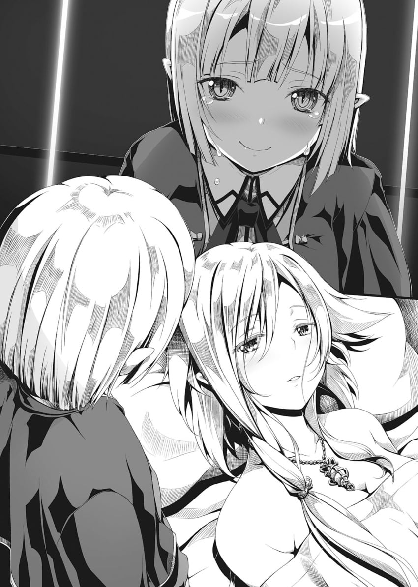 1boy 1girl 1girls blush breasts cleavage collarbone crying crying_with_eyes_open elf female female_focus gasper_vladi hair_between_eyes high_school_dxd jewelry lap_pillow large_breasts light_novel long_hair looking_at_viewer lying medium_breasts miyama-zero multiple_girls neck_ribbon necklace official_art on_back pillow png pointy_ears shirt short_hair short_hair_with_long_locks smile tears under_covers valerie_tepes