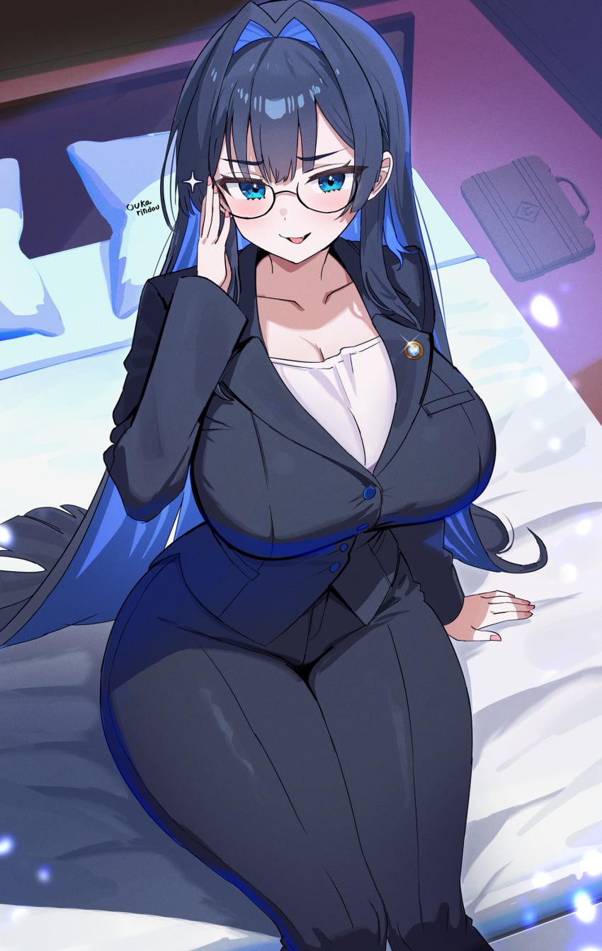 bed breasts glasses hololive hololive_english o-rindou5100 ouro_kronii suit virtual_youtuber vtuber