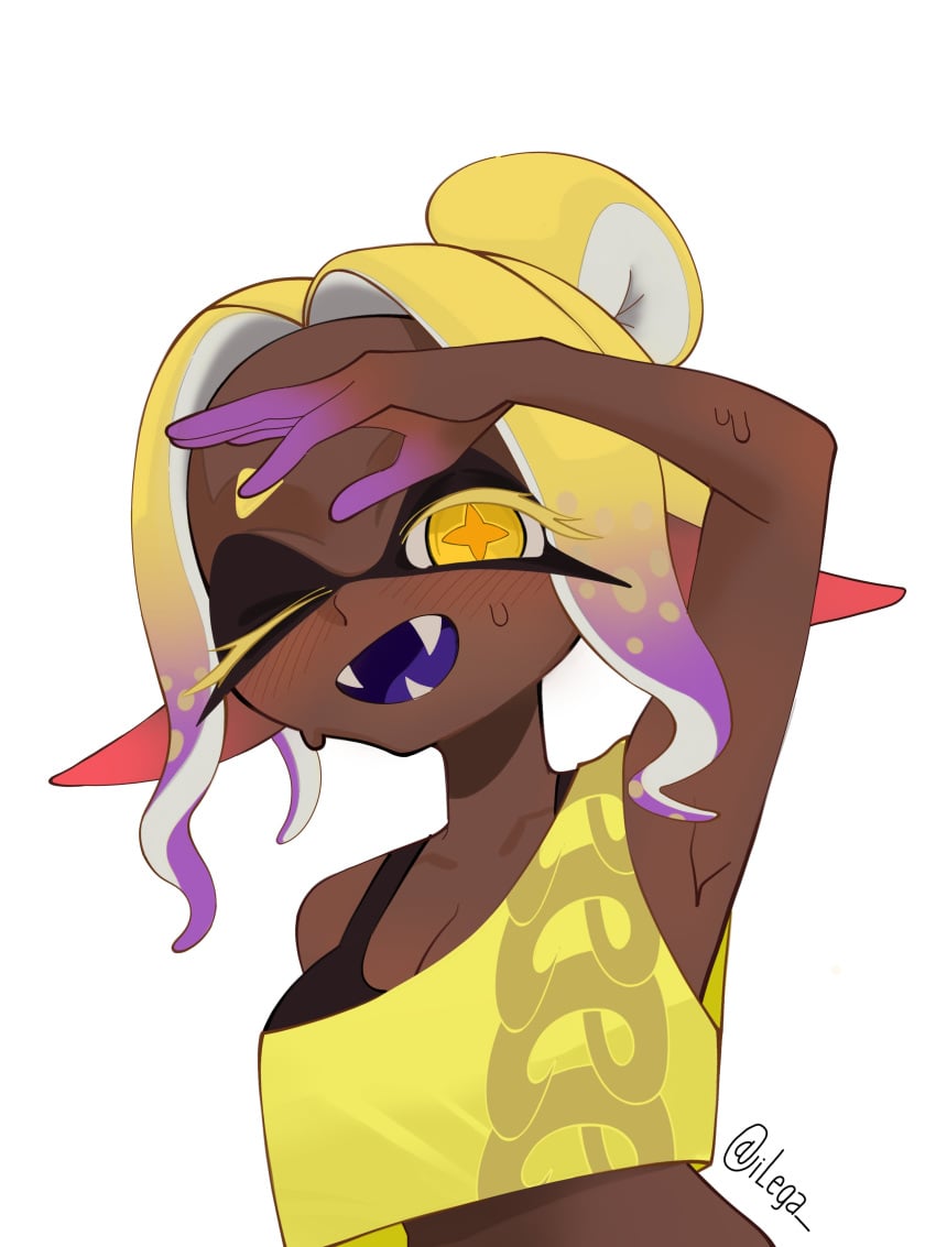 1girl armpits arms_up big_tits big_titties brown_skin clothing commission crop_top curvaceous curvaceous_female curvaceous_figure curvy curvy_figure curvy_hips female female_focus female_only frye_(splatoon) frye_(splatoon_raiders) ilega looking_at_viewer nintendo octoling octoling_girl simple_background splatoon splatoon_(series) splatoon_3 splatoon_raiders sweat sweatdrop sweating yellow_eyes yellow_hair