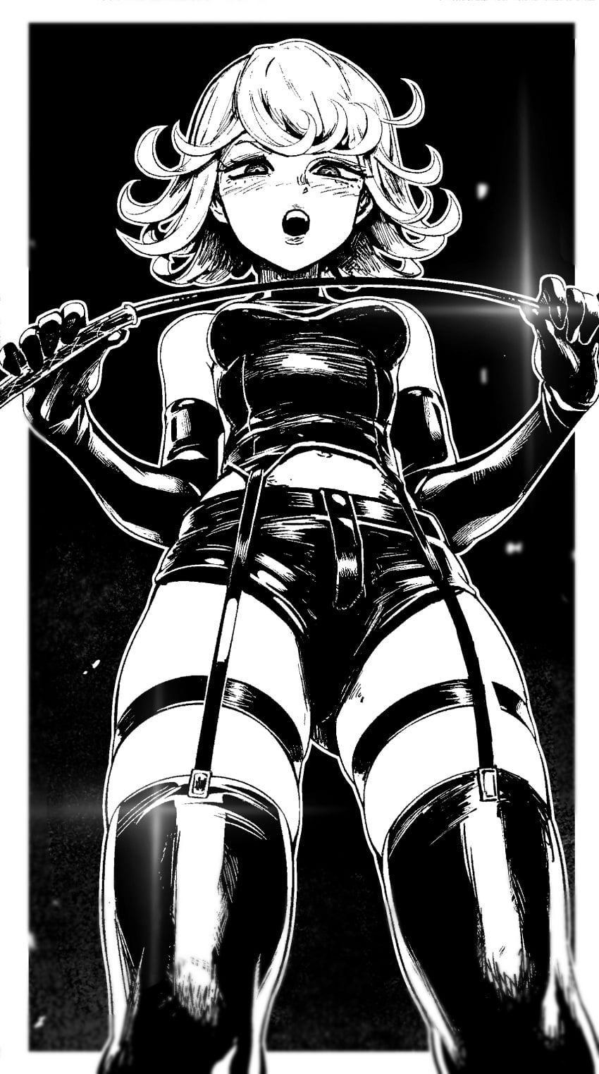 1girls blush dominatrix dominatrix_outfit female female_only femdom from_below_view garter_straps gloves latex latex_clothing latex_thighhighs long_gloves looking_at_viewer one-punch_man pov pov_eye_contact riding_crop small_breasts submissive_pov tatsumaki thighhighs xandredarium