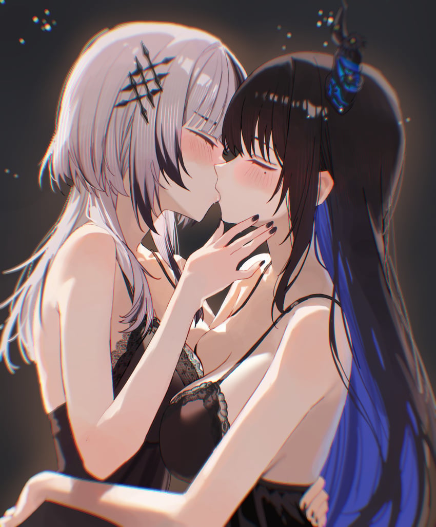 2girls absurdres anska babydoll bare_shoulders black_babydoll black_hair black_horns blue_hair blush breasts closed_eyes colored_inner_hair commentary english_commentary eyes_closed female grey_hair high_resolution highres hololive hololive_english horns kiss large_breasts long_hair mole mole_under_eye multicolored_hair multiple_girls nerissa_ravencroft shiori_novella split-color_hair two-tone_hair virtual_youtuber yuri