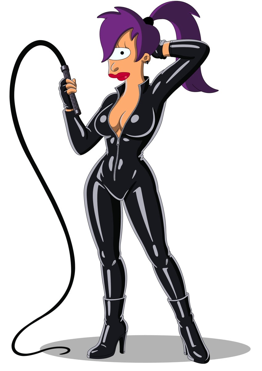 big_breasts dominatrix futurama latex_bodysuit looking_at_viewer no_bra turanga_leela whip