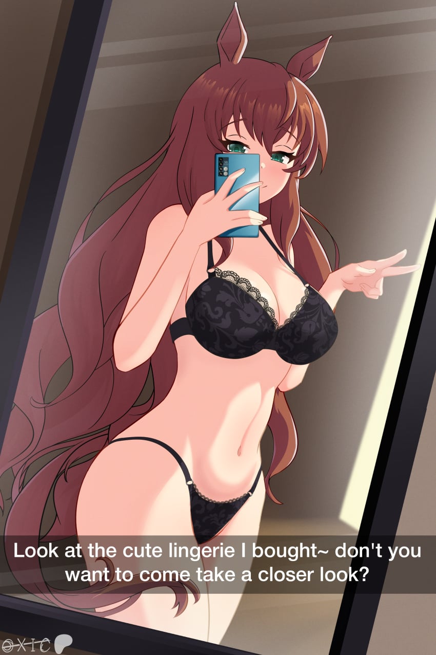 1girl aqua_eyes black_bra black_panties brown_hair cleavage closed_mouth english_text holding holding_phone horse_ears horse_girl horse_tail large_breasts lingerie maruzensky_(umamusume) mirror_reflection mirror_selfie navel oxicmar reflection_focus selfie smile snapchat_sexting solo stomach umamusume umamusume_pretty_derby underwear_only w