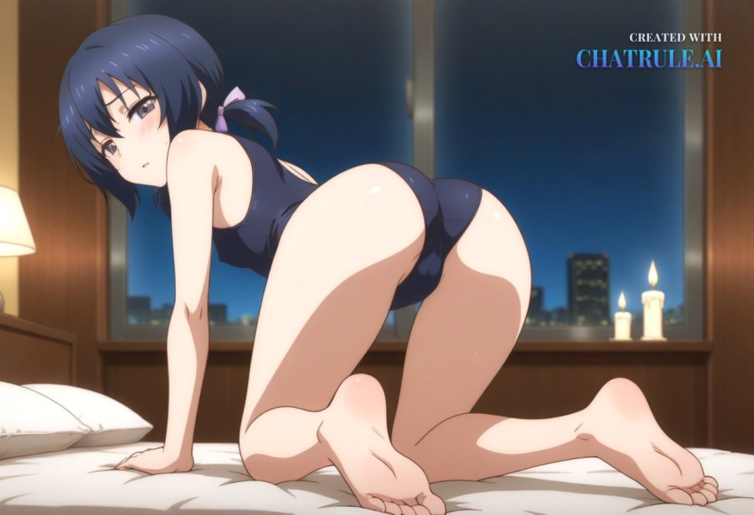 1girl ai_assisted ai_generated all_fours anime_screenshot barefoot candle_light candles covered_erect_nipples dark_blue_hair dark_room half_closed_eyes highres hotel_room leotard looking_at_viewer looking_back_at_viewer night on_all_fours on_bed parted_lips purple_eyes shy small_ass small_breasts soles solo twintails viewed_from_behind window
